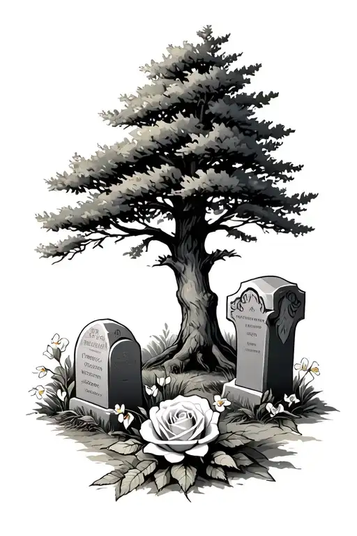Doc Holliday gravestone beside a cedar tree with a rose and narcissus flowers tattoo design idea