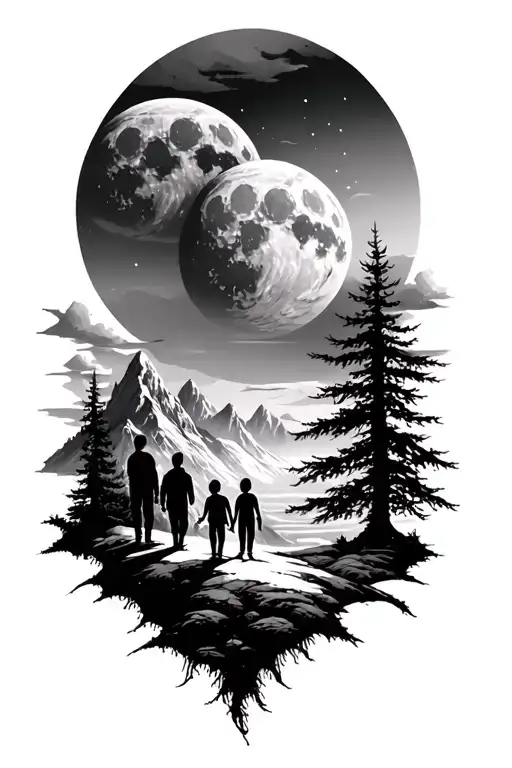mountain landscape and father and three children and giant moon tattoo design idea