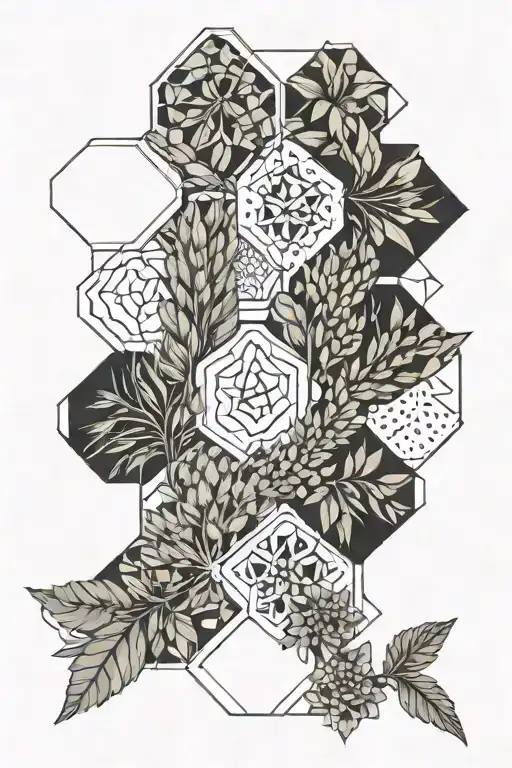 botanical, honeycomb, wheat, lines, dots, abstract, cubism style tattoo design idea