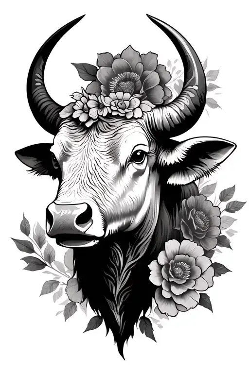 BUFFALO HEAD HALF FLOWERS tattoo design idea