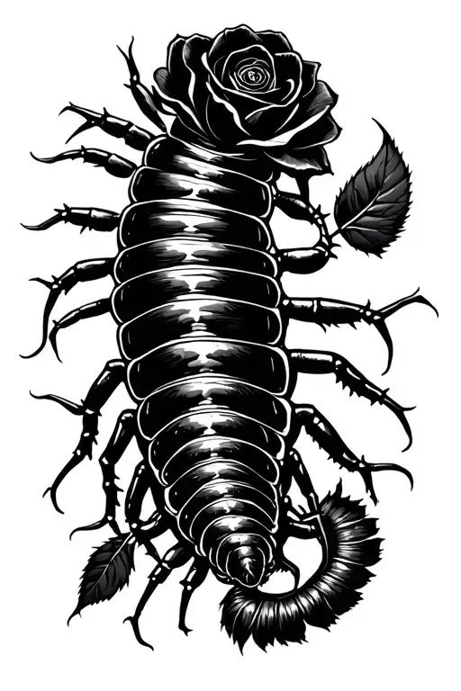 A black centipede with eyes on its body, and a thorny, jet-black rose intertwined within the centipede. tattoo design idea