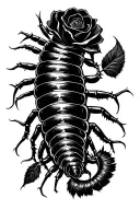 A black centipede with eyes on its body, and a thorny, jet-black rose intertwined within the centipede. tattoo design idea