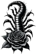 A black centipede with eyes on its body, and a thorny, jet-black rose intertwined within the centipede. tattoo design idea