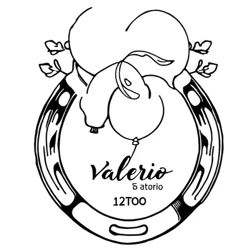 horse link, horseshoe, balloon, date, first name Valerio tattoo design idea