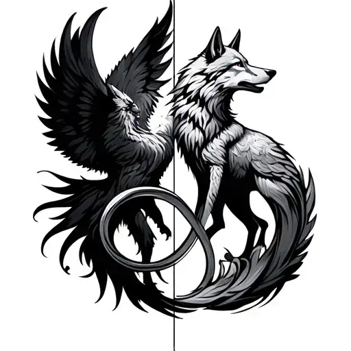 infinity symbol standing upright like a sand timer with wolf in one space and phoenix in the other tattoo design idea