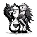 infinity symbol standing upright like a sand timer with wolf in one space and phoenix in the other tattoo design idea