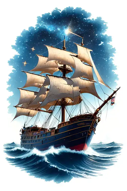 clipper ship sailing through the sea under the stars  tattoo design idea