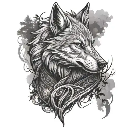 WOLF SLEEVE VIKING WARRIOR WITH FOREST BACKGROUND WITH SMOKE EFFECT tattoo design idea