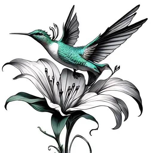 dragon lily and hummingbird hovering tattoo design idea