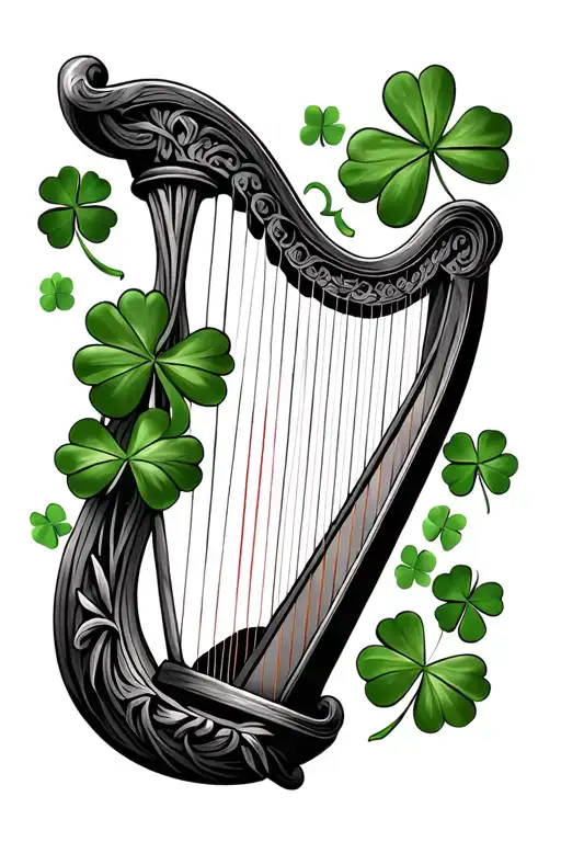 Irish harp with maple leaf and 4 leaf clover  tattoo design idea