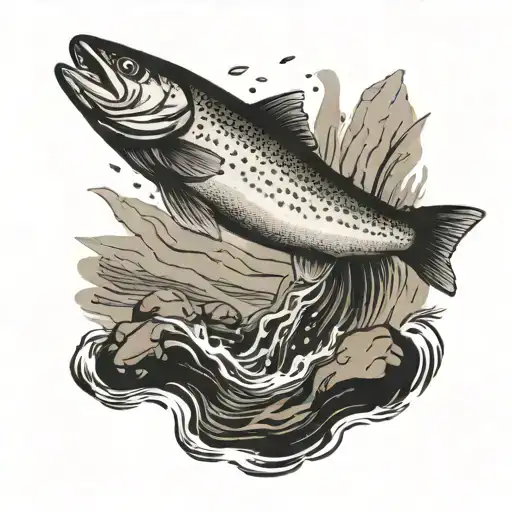 trout jumping out of mountain stream tattoo design idea