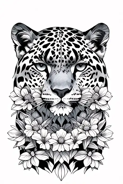 snow leopard flowers tattoo design idea