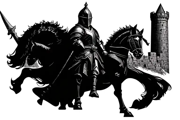 knight against the background of the fortress tattoo design idea