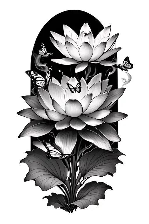 lotus flower with butterflies on the pettles with and smoke flowing through the flower (no stem) tattoo design idea