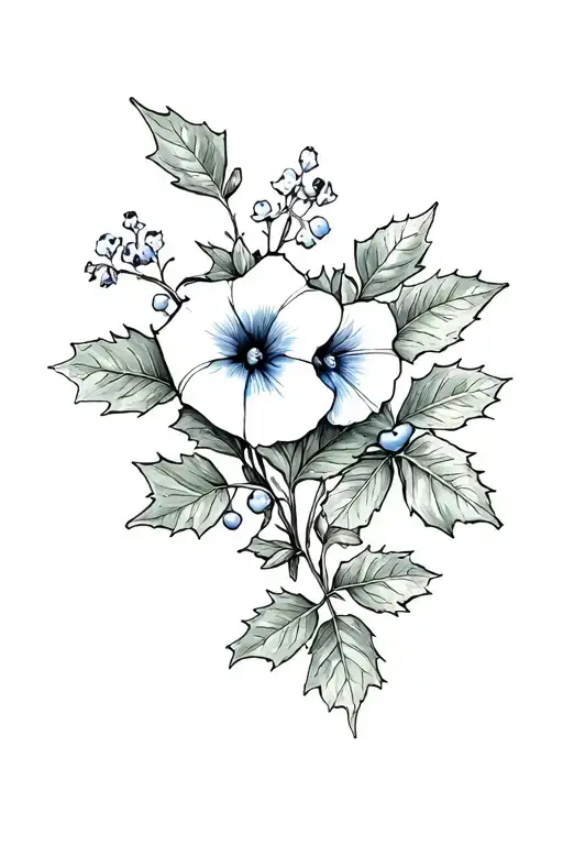 forget me not, morning glory and holly berry with leaves and piano keys small tattoo tattoo design idea