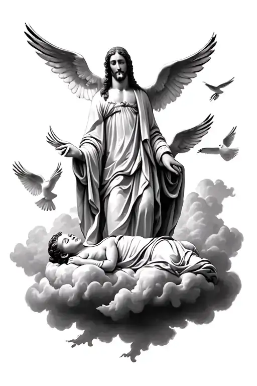 Jesus Statue with doves flying in the clouds with a baby angel sleeping on a cloud tattoo design idea