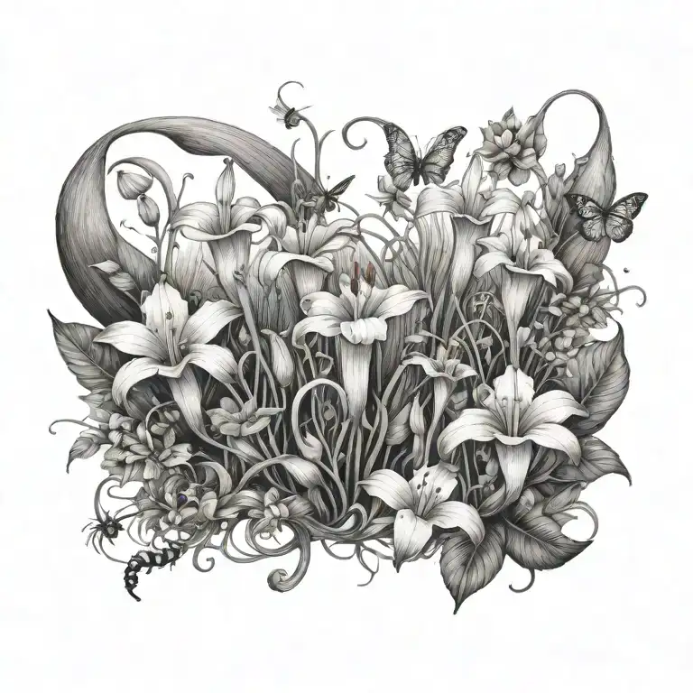 A unique tattoo design combining a collection of carnivorous plants like pitcher plants and sundews with a variety of exotic insects, creating a surreal and captivating scene tattoo design idea