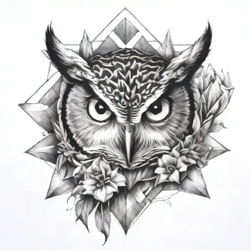 owl face with no geometric surrounded by cosmo flower and gladiolus flower tattoo design idea