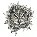owl face with no geometric surrounded by cosmo flower and gladiolus flower tattoo design idea