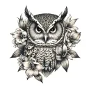 owl face with no geometric surrounded by cosmo flower and gladiolus flower tattoo design idea