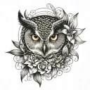 owl face with no geometric surrounded by cosmo flower and gladiolus flower tattoo design idea