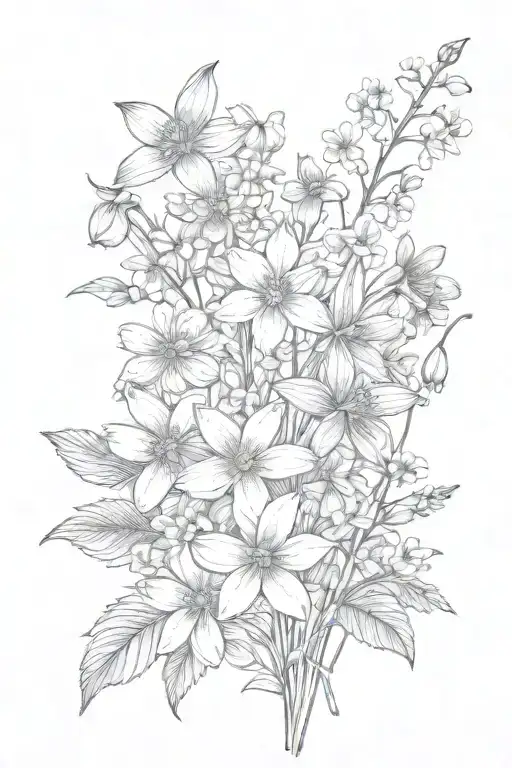 daisies and daffodils with sprinkling of cherry blossoms, snow drops, violets, filler, stems tattoo design idea
