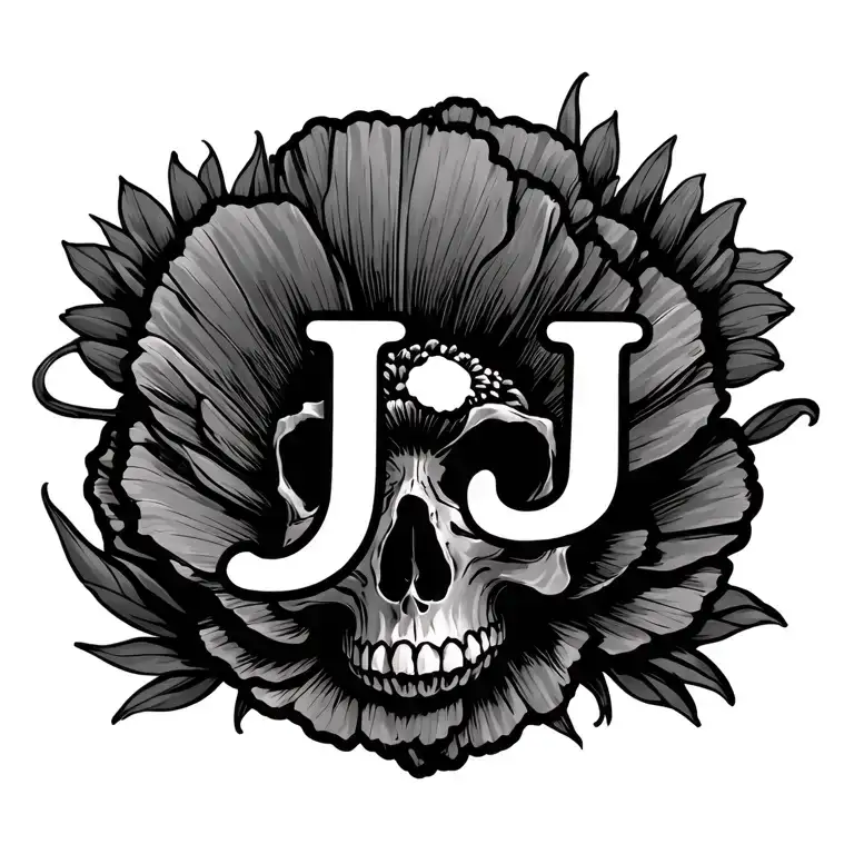"JJ" poppy flower, skull, tattoo design idea