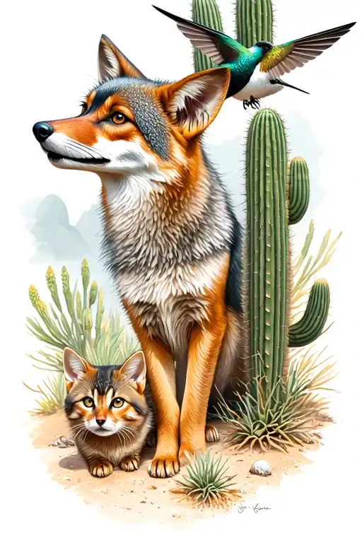 desert scene with a coyote, hummingbird and catus tattoo design idea