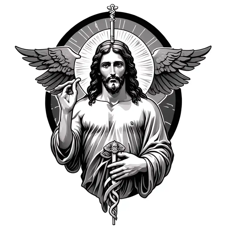 Jesus Christ nursing caduceus surrounded tattoo design idea