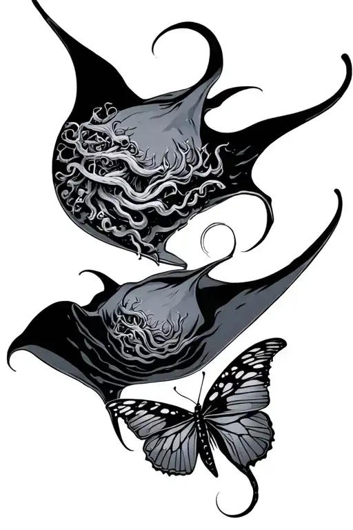a swimming manta ray with a neda a butterfly a semicolon and medusa in it somewhere tattoo design idea