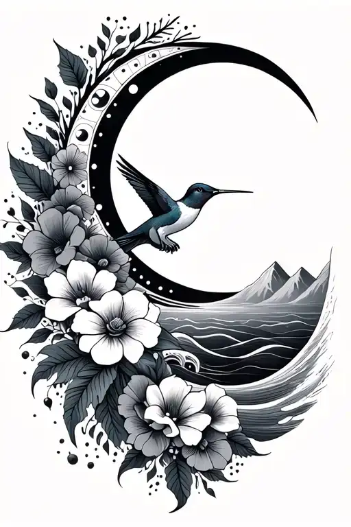 fine line vertical spine tattoo with flowers, hummingbird, moon phases, the sun, waves, mountains  tattoo design idea