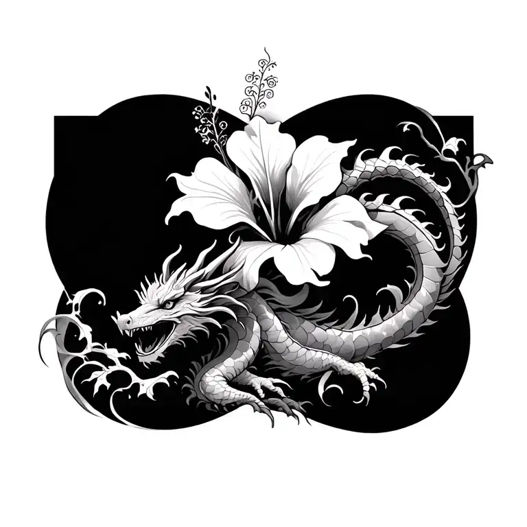 hibiscus vine, dragon, waves tattoo design idea