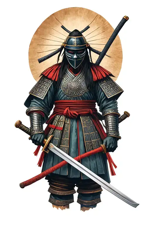 ancient japanese samurai wearing a maske and holding a sword tattoo design idea