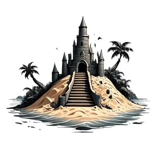 sand castle in progress with stairs leading to it and waves around it and no trees tattoo design idea