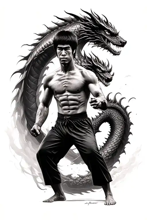 bruce Lee in fighting stance with dragon behind him tattoo design idea