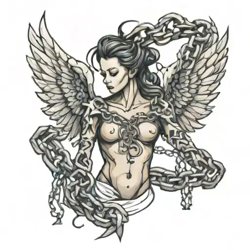weight loss body build with chains breaking and bursting and angels wings  tattoo design idea