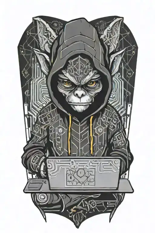 gremlin hacker wearing a hoodie using a laptop circuit board tattoo design idea