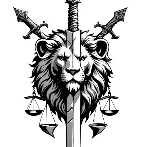 lion head crossed swords with cracks in the blades and the scales of justice tattoo design idea
