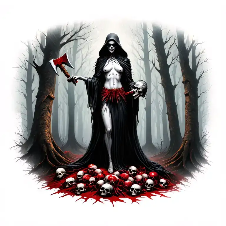 topless female grim reaper standing on a pile of bloody skulls in the woods holding a tomahawk and a severd head tattoo design idea