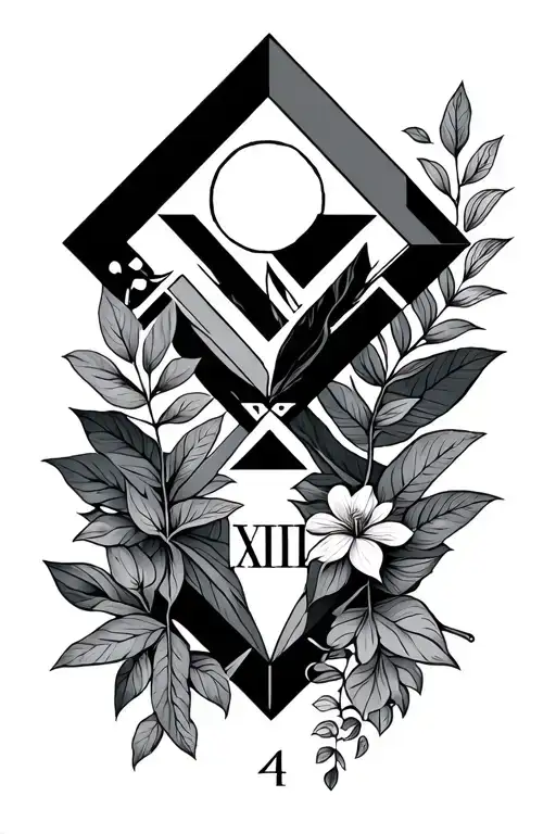geometric style tattoo featuring nature symbols and 24 in roman numerals tattoo design idea