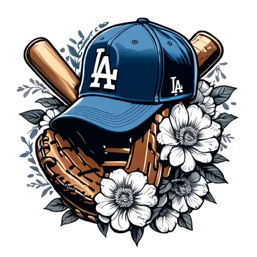 LA Dodgers with floral, baseball cap, baseball glove, and baseball bat tattoo design idea