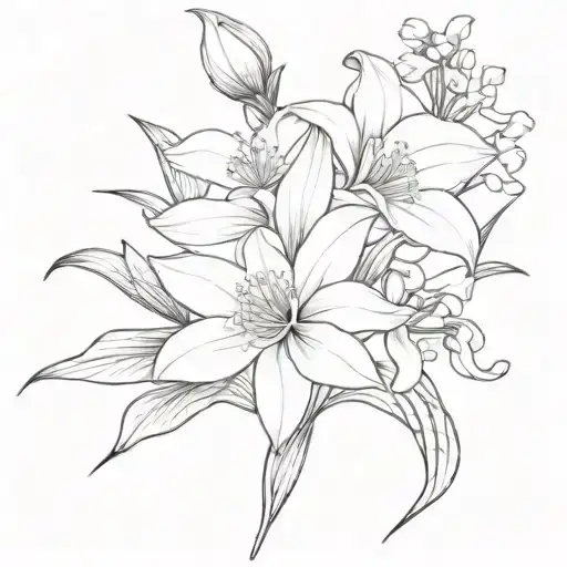 Black outline of Daffodil, Daisy, lily of the valley, water lily, carnation in a Bouquet with bow,  tattoo design idea