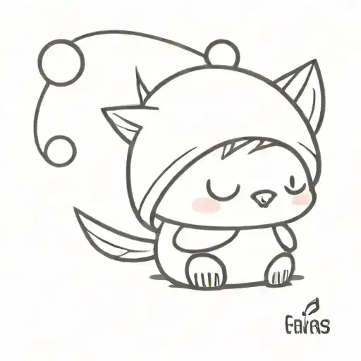 cute chibi penguin wearing cat ears hat and holding a cat head pebble in hand tattoo design idea