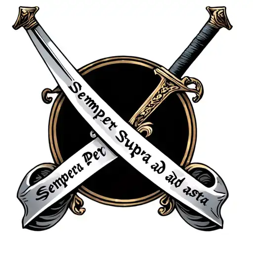 A sword with scroll around the blade that says Semper supra and Per aspera ad astra tattoo design idea