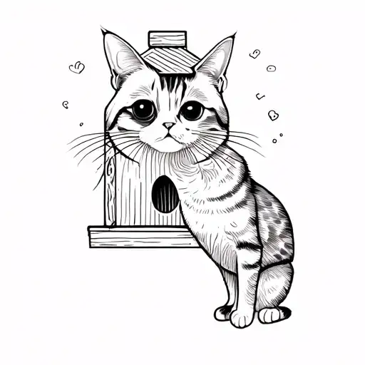 a cat in front of a birdhouse tattoo design idea
