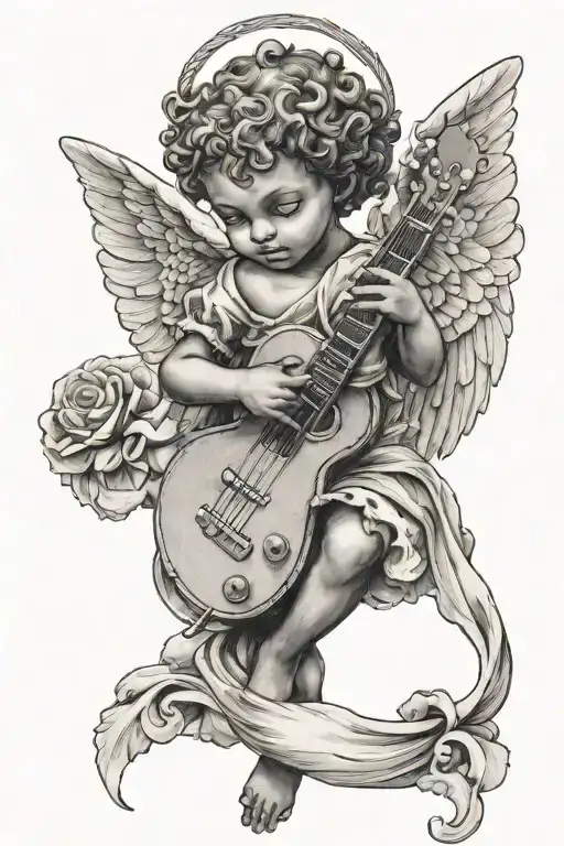 a cherub of a black angel holding a guitar   tattoo design idea