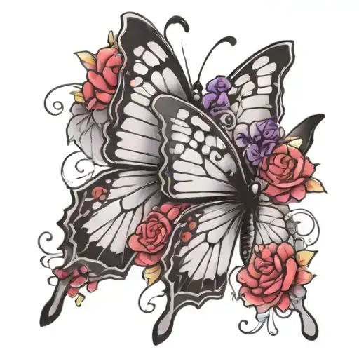 black gray and purple butterfly resting tattoo design idea