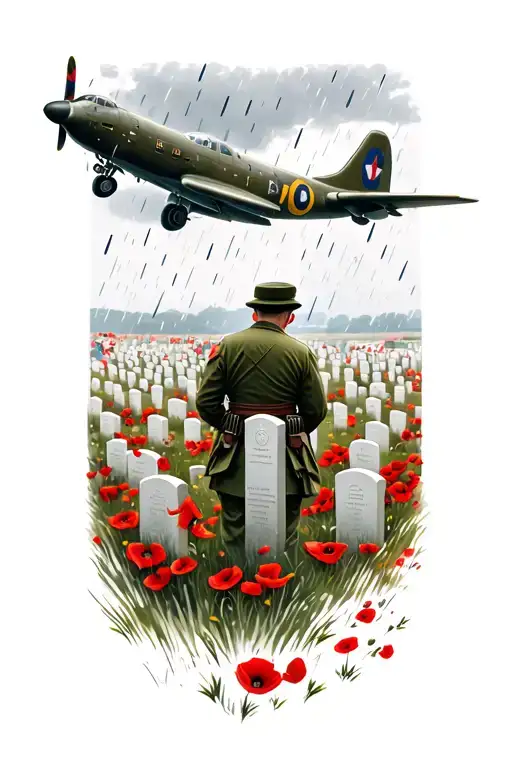 lancaster bomber flying raining poppies on a military grave yard and soldier bowing tattoo design idea