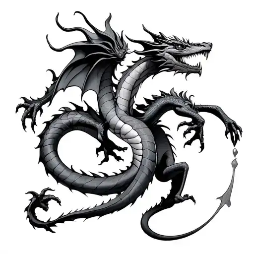 Aquarius dragon fighting gemini zodiac sign intertwined tattoo design idea