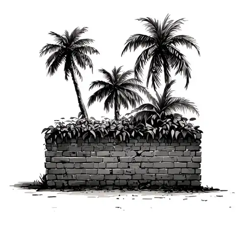 brick wall over grown by palm trees  tattoo design idea